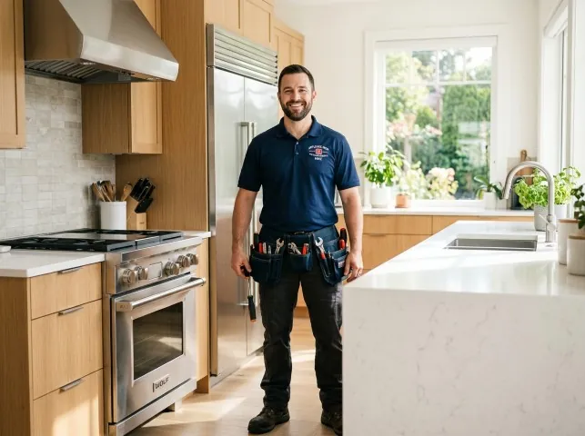 Appliance Repair Hero technician in a Birmingham, NJ kitchen after an appliance repair