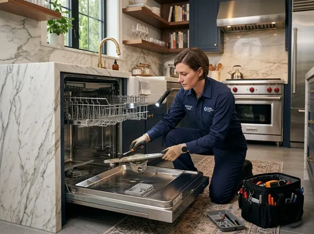 Appliance Repair Hero technician servicing a built-in dishwasher in a Birmingham, NJ kitchen