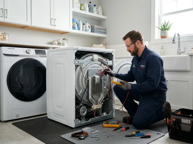 Appliance Repair Hero technician checking a dryer heating element with the rear panel off in Birmingham, NJ