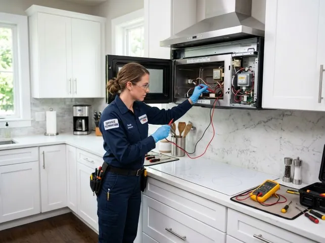 Appliance Repair Hero technician testing an over-the-range microwave in a Birmingham, NJ kitchen