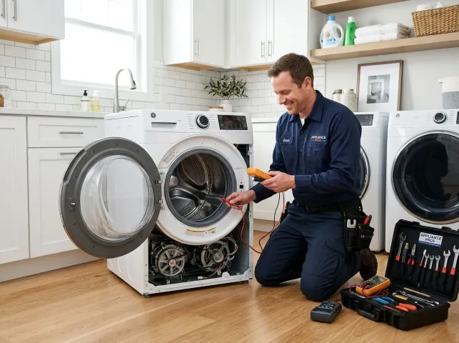 Appliance Repair Hero technician testing a front-load washer with a multimeter on a Birmingham, NJ service call